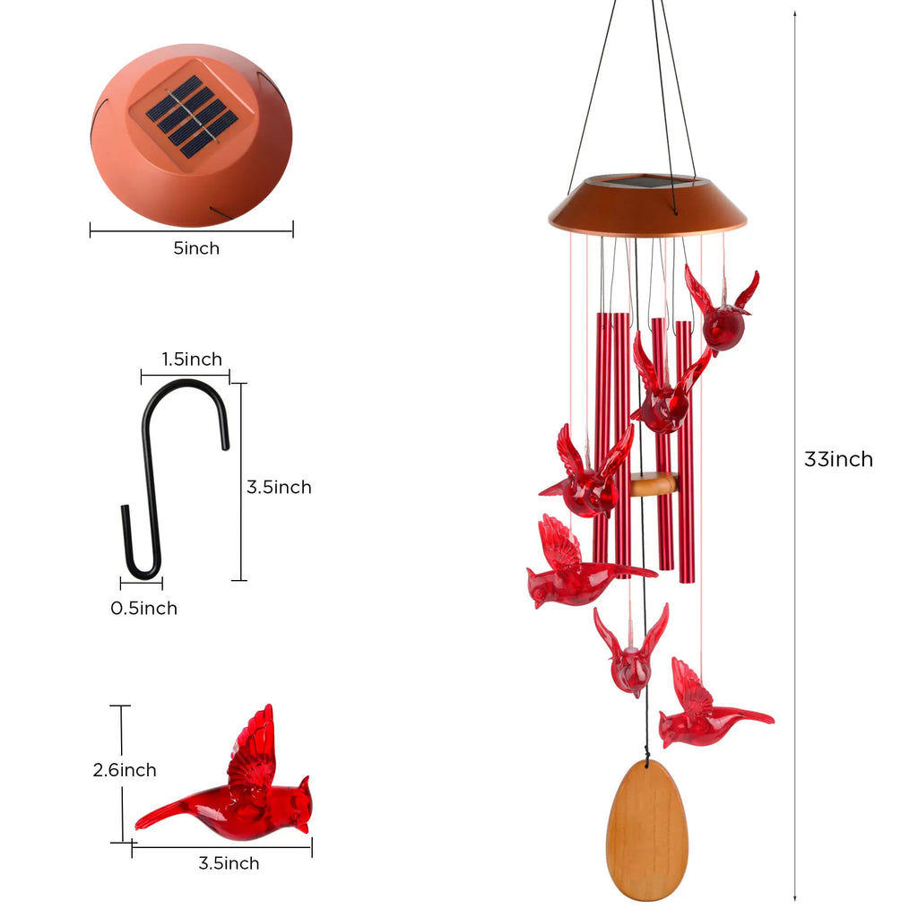 Solar Wind Chimes, Christmas Gifts for Mom & Grandma, Wooden Cardinal with Aluminum Tubes, Outdoor Garden Decor for Valentine‘s