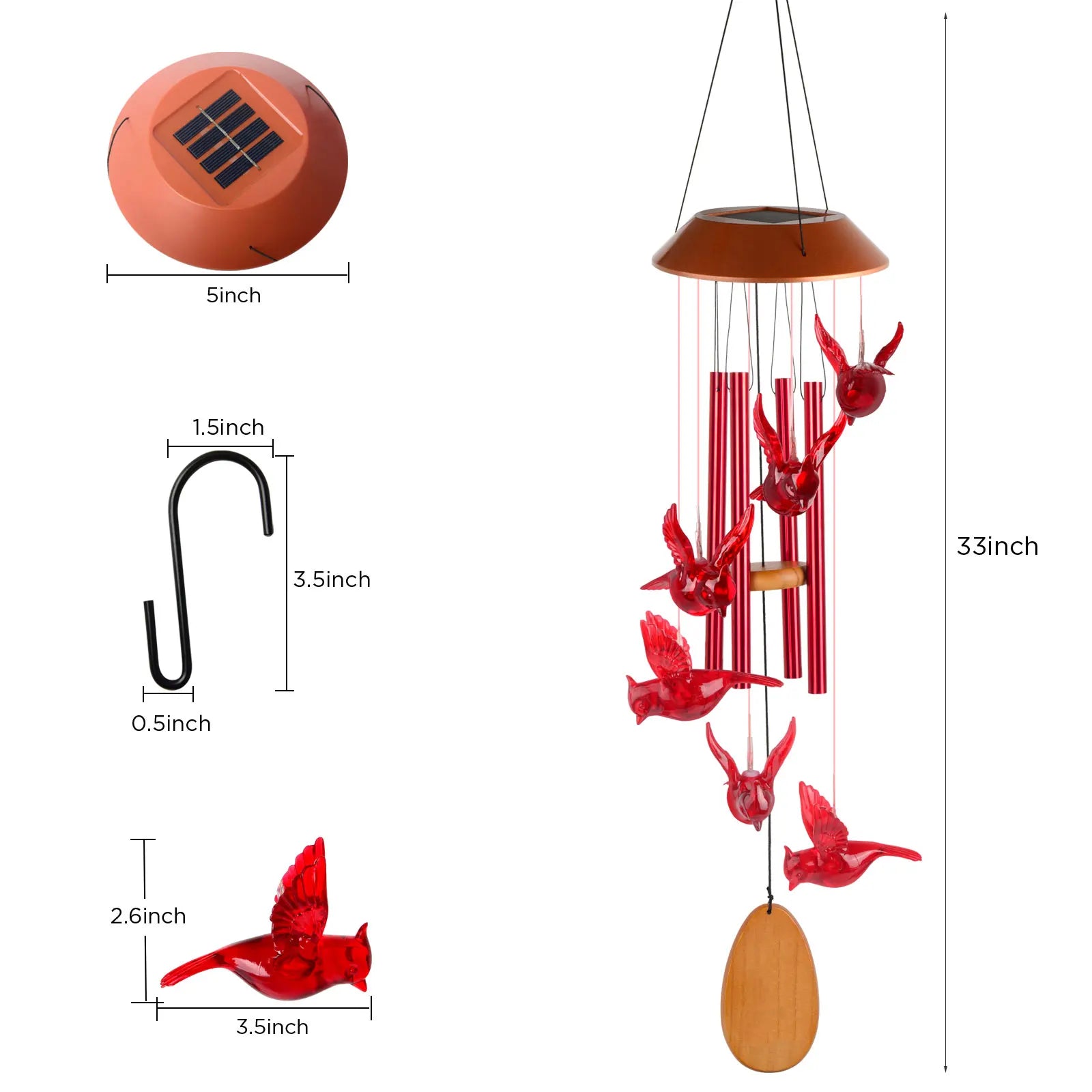 Solar Wind Chimes, Christmas Gifts for Mom & Grandma, Wooden Cardinal with Aluminum Tubes, Outdoor Garden Decor for Valentine‘s