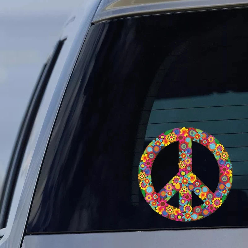 1pc Peace Sign Car Sticker, Multicolor Flowers Hippie Decal By Megan J Designs, Laptop Window Car Vinyl Sticker