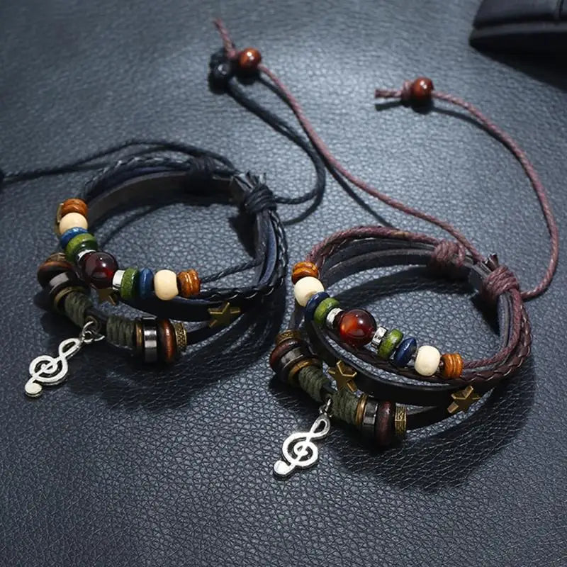 Handmade Boho Gypsy Hippie Design Brown Leather Star Musical Note Metal Charms Wood Button Beads Wrap Unisex Adjustable Bracelet