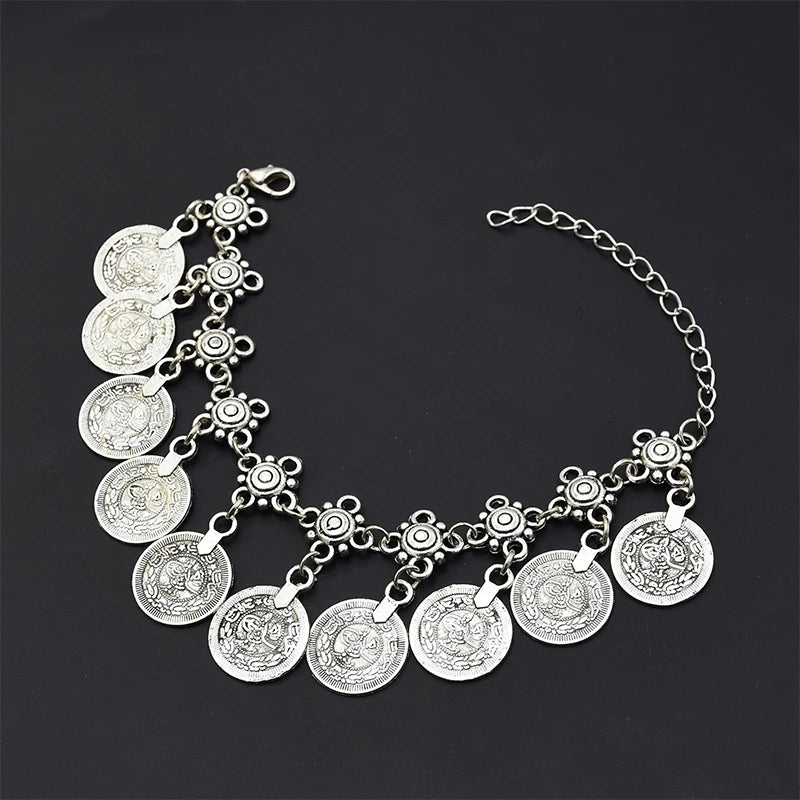 Vintage Silvery Golden Coins Bracelet for Women Men Boho Hippie Beach Party Turkish Marseille Ethnic Bracelets Metal Jewelry