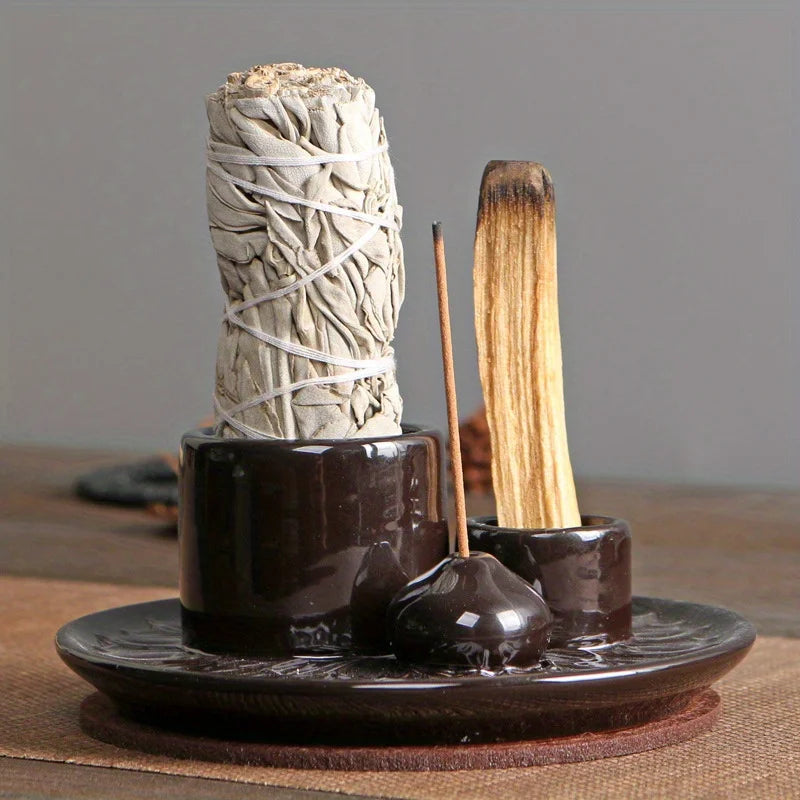 4-in-1 Ceramic Incense Burner for Aromatherapy Meditation Yoga and Home Decor Includes Sage Holder and Incense Holder for Sticks