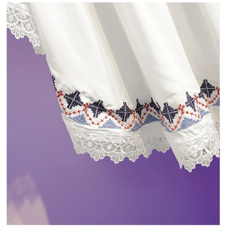 Women Summer Tees Retro Boho Style Embroidery Blouses Cloak Top Loose Cotton Lace Hem Bat sleeve Kimono Shirts Blusa Feminina