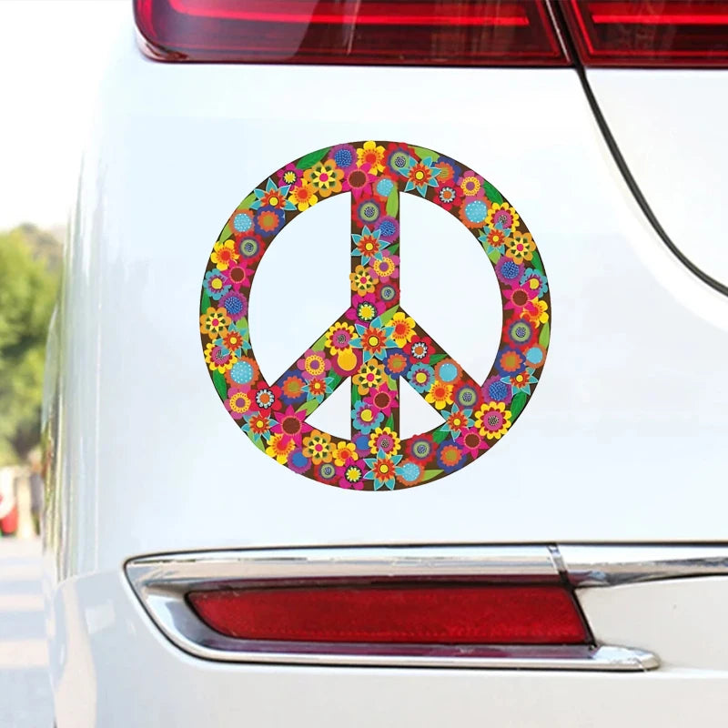 1pc Peace Sign Car Sticker, Multicolor Flowers Hippie Decal By Megan J Designs, Laptop Window Car Vinyl Sticker