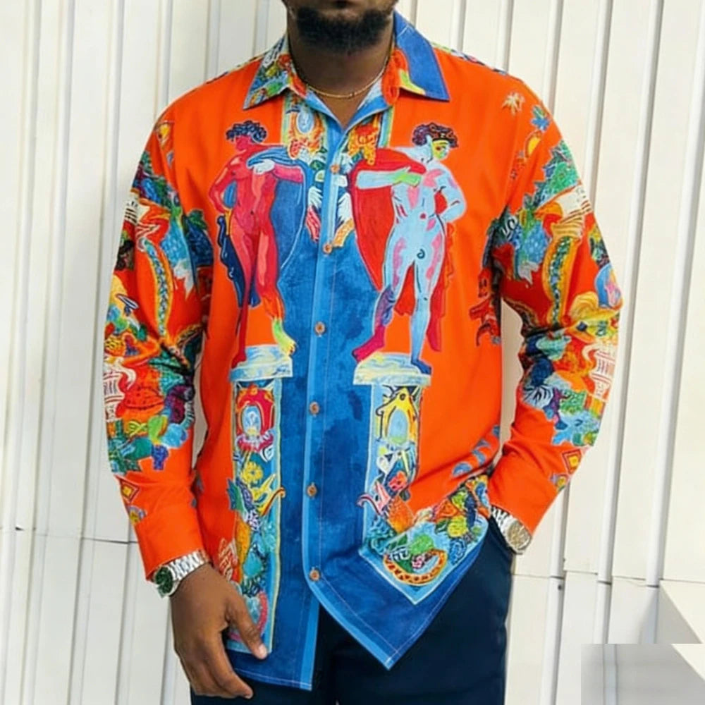 Men's French Long Sleeve Shirt Baroque Pattern High Definition Printed Shirt Hawaii Vacation Social Men's Clothes Quick Drying