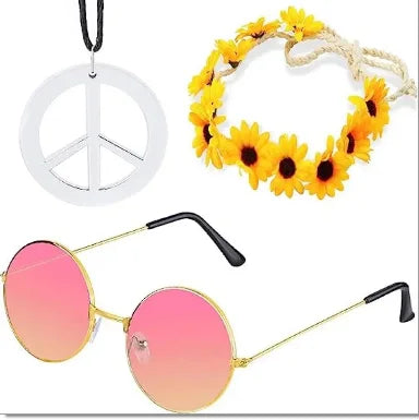 Hippie Costume Set 60's Style Circle Glasses Peace Sign Necklace Daisy Sunflower Headbands  Dressing Accessory Hippie Party