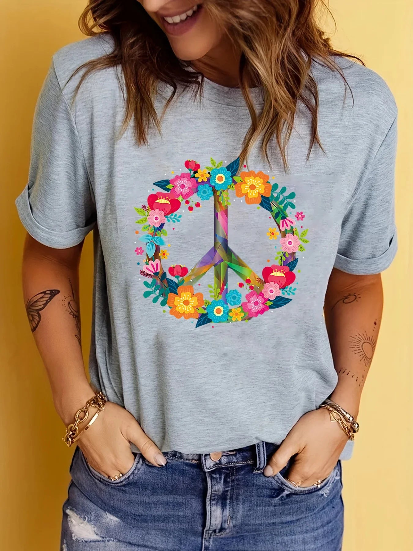 Peace Love Hippie Costume Tie Die 60s 70s Women's Casual Short Sleeve Summer T-Shirt O-Neck Tops Femminile Tee Graphic Tshirt