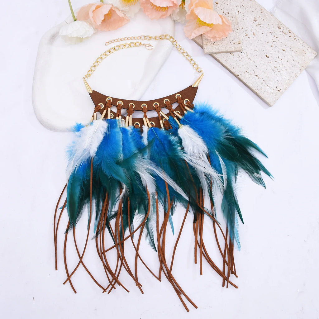 Black Brown Long Feather Pendants Indian Ethnic Necklace Vintage Bohemia African Hyperbole Hippie Charm Collar Statement Jewelry