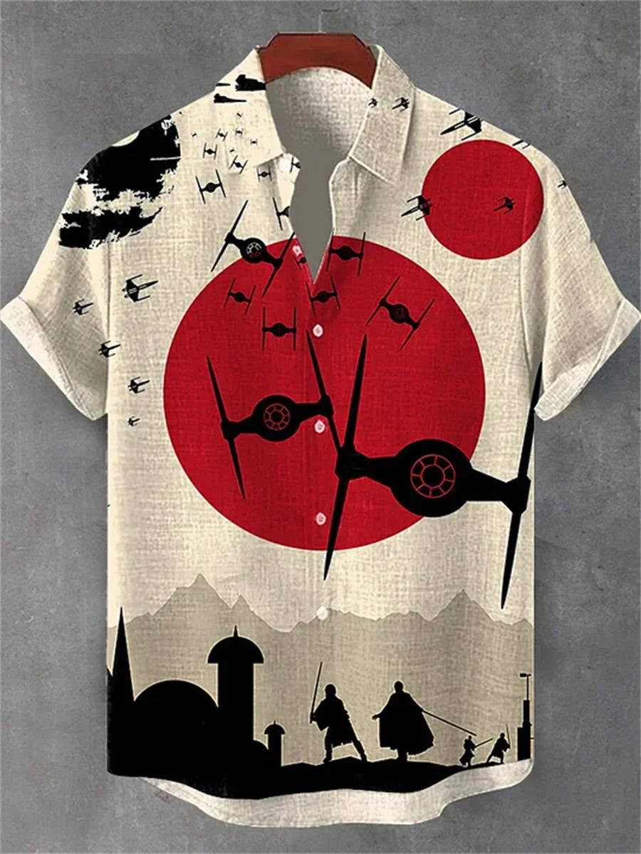Men's short-sleeved shirt, stylish fighter jet print, breathable casual top, trendy retro pattern, personalized Hawaiian shirt.