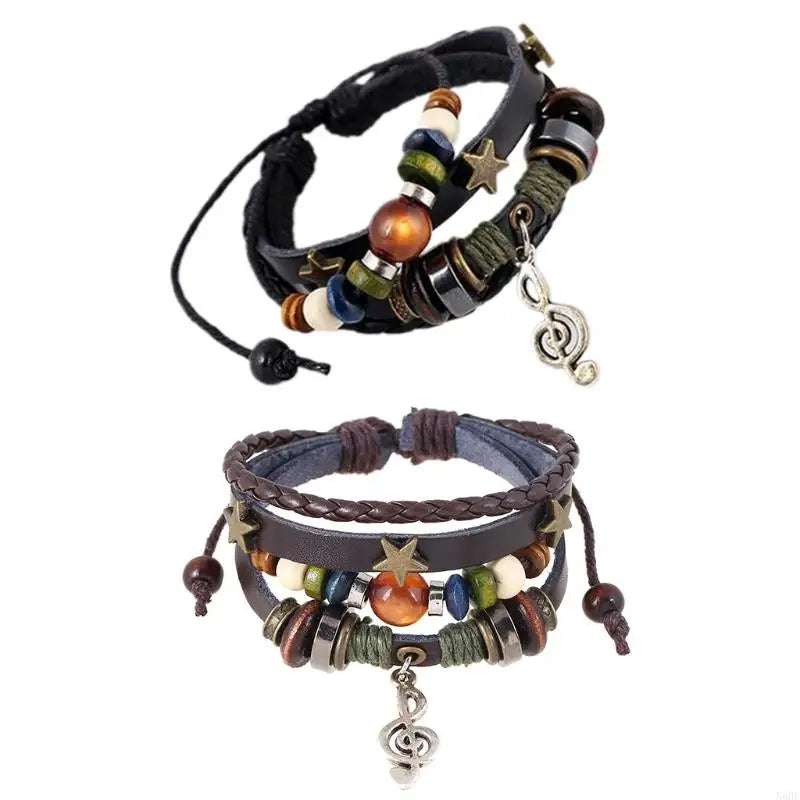 Handmade Boho Gypsy Hippie Design Brown Leather Star Musical Note Metal Charms Wood Button Beads Wrap Unisex Adjustable Bracelet