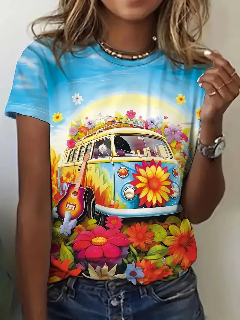 2025 New Women's T-shirt Cartoon Car Print Hippie Bus Tops Women's Trending Clothes Fashion Short Sleeve Shirt Funny Tee Tops