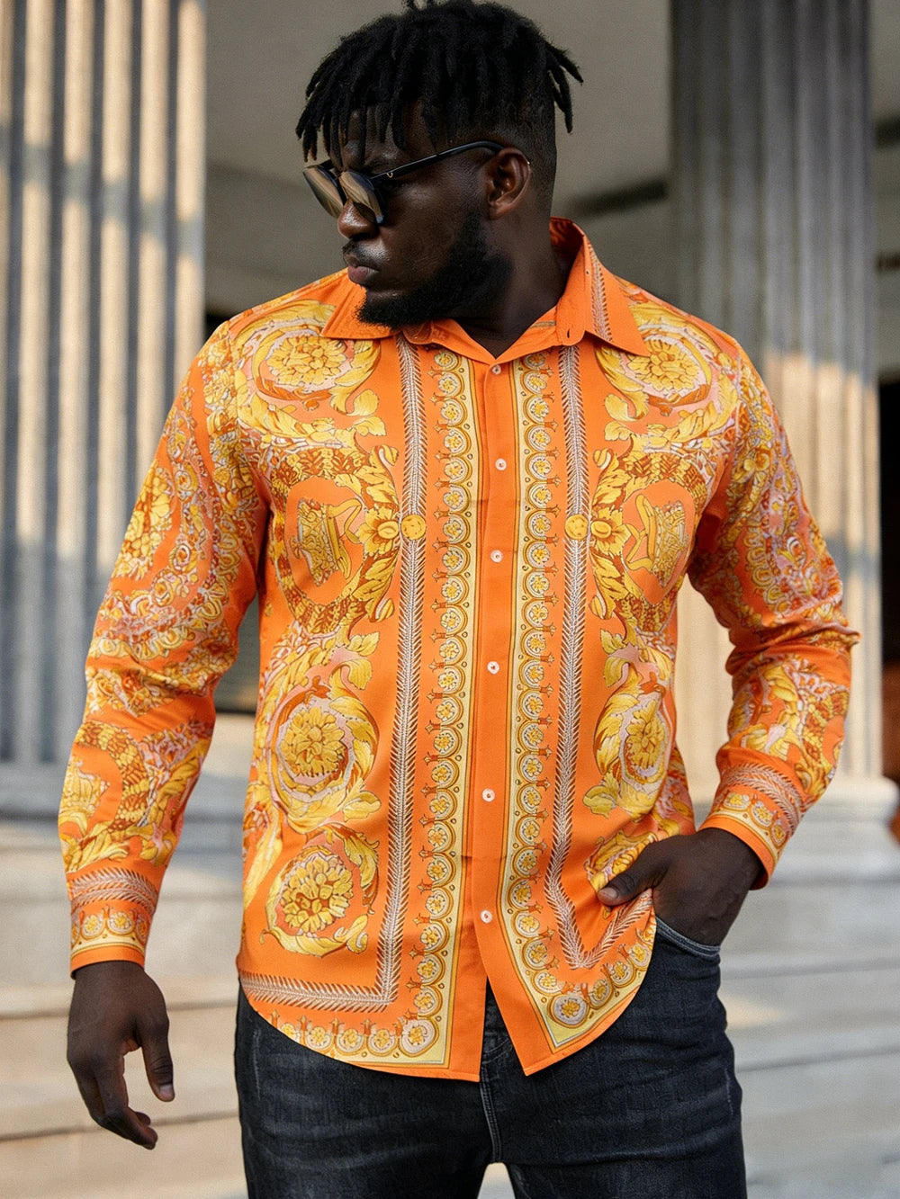 Men's French Long Sleeve Shirt Baroque Pattern High Definition Printed Shirt Hawaii Vacation Social Men's Clothes Quick Drying
