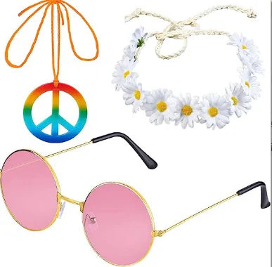 Hippie Costume Set 60's Style Circle Glasses Peace Sign Necklace Daisy Sunflower Headbands  Dressing Accessory Hippie Party
