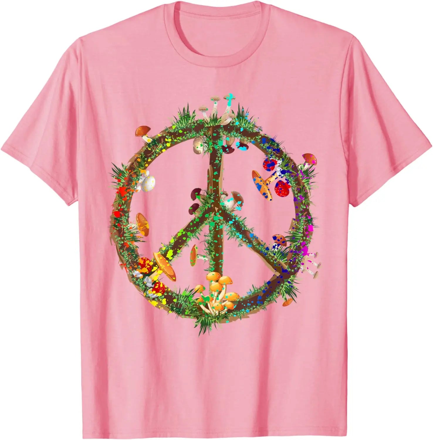 Psychedelic Mushroom Peace Sign Hippie Trippy Retro Graphic T-Shirt Unisex Casual Short Sleeve Tee