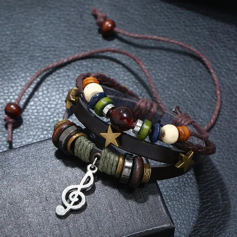 Handmade Boho Gypsy Hippie Design Brown Leather Star Musical Note Metal Charms Wood Button Beads Wrap Unisex Adjustable Bracelet