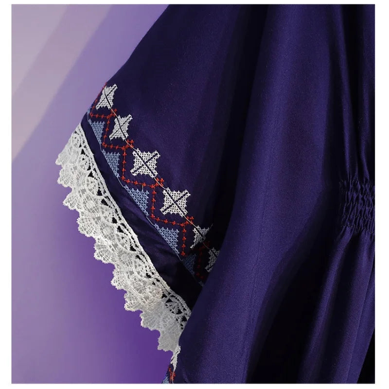 Women Summer Tees Retro Boho Style Embroidery Blouses Cloak Top Loose Cotton Lace Hem Bat sleeve Kimono Shirts Blusa Feminina