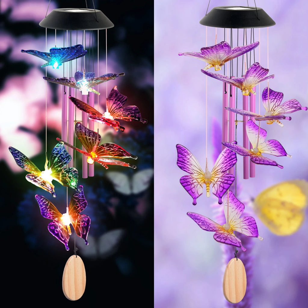 Solar Butterfly Wind Chimes, Christmas Gifts for Mom Grandma, Purple Glass with Lighted Pendant, Outdoor Garden Patio Decor for