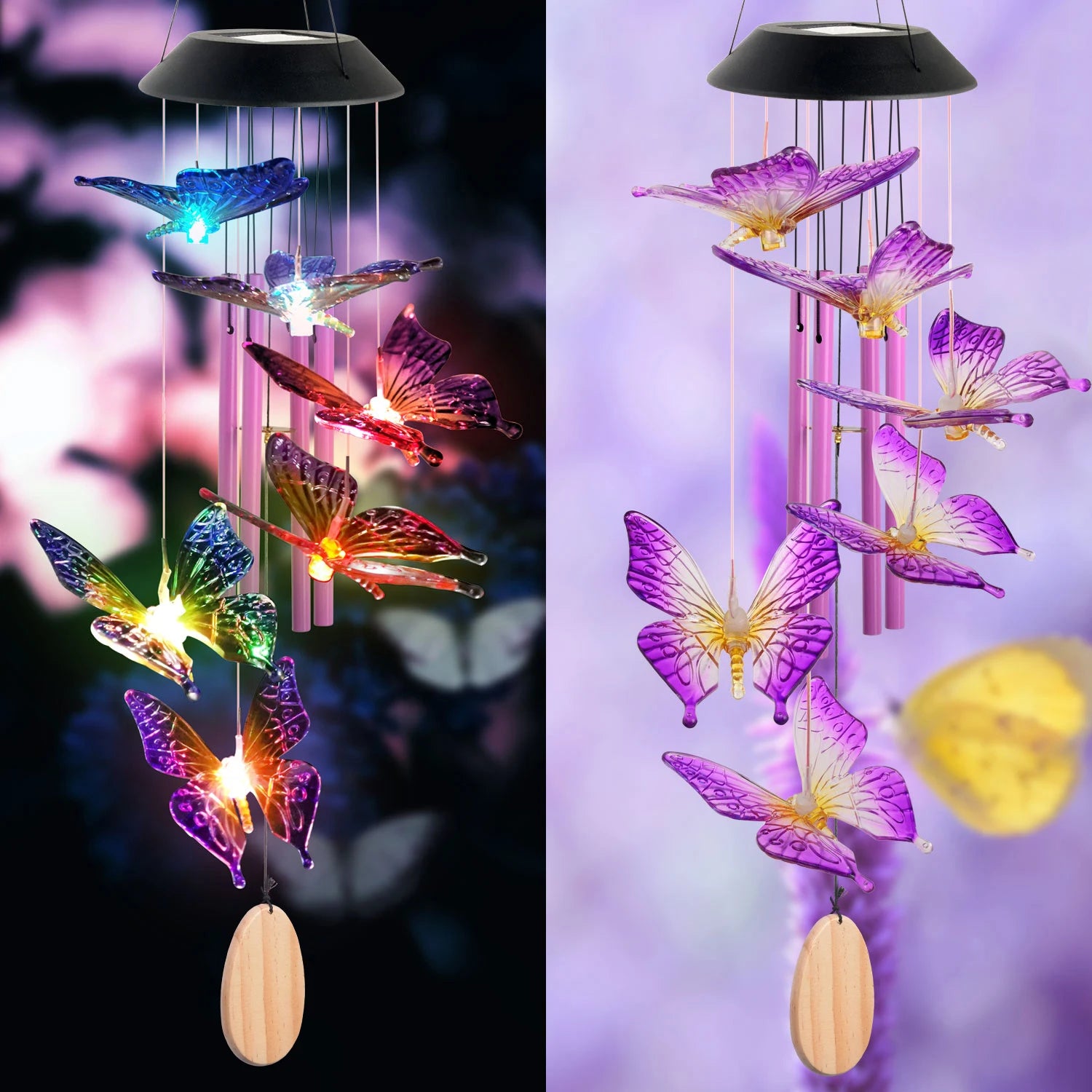 Solar Butterfly Wind Chimes, Christmas Gifts for Mom Grandma, Purple Glass with Lighted Pendant, Outdoor Garden Patio Decor for