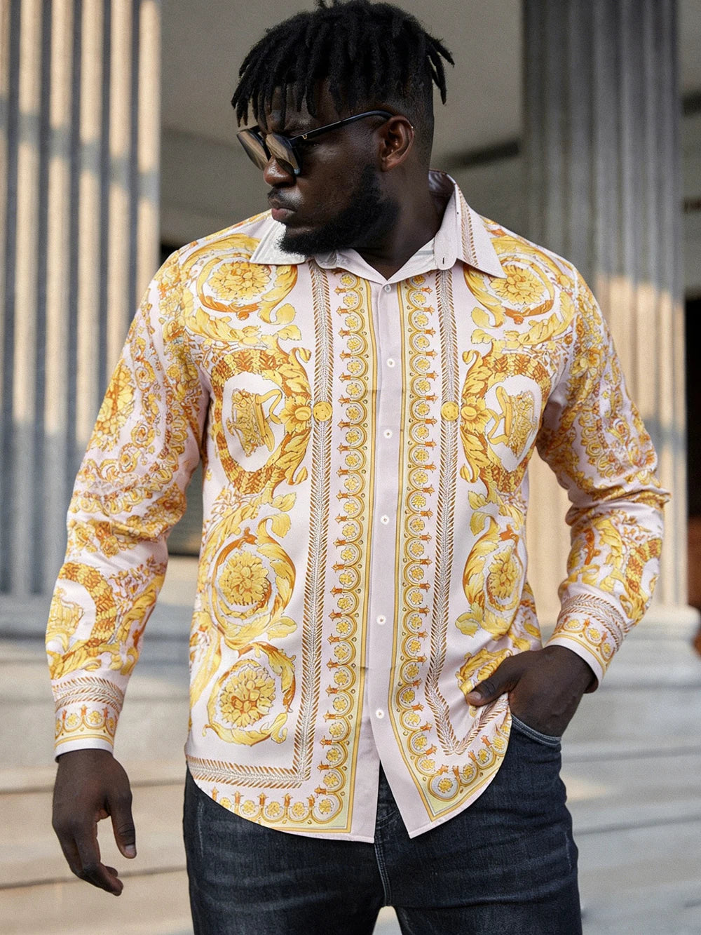 Men's French Long Sleeve Shirt Baroque Pattern High Definition Printed Shirt Hawaii Vacation Social Men's Clothes Quick Drying