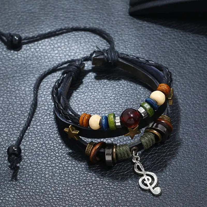 Handmade Boho Gypsy Hippie Design Brown Leather Star Musical Note Metal Charms Wood Button Beads Wrap Unisex Adjustable Bracelet
