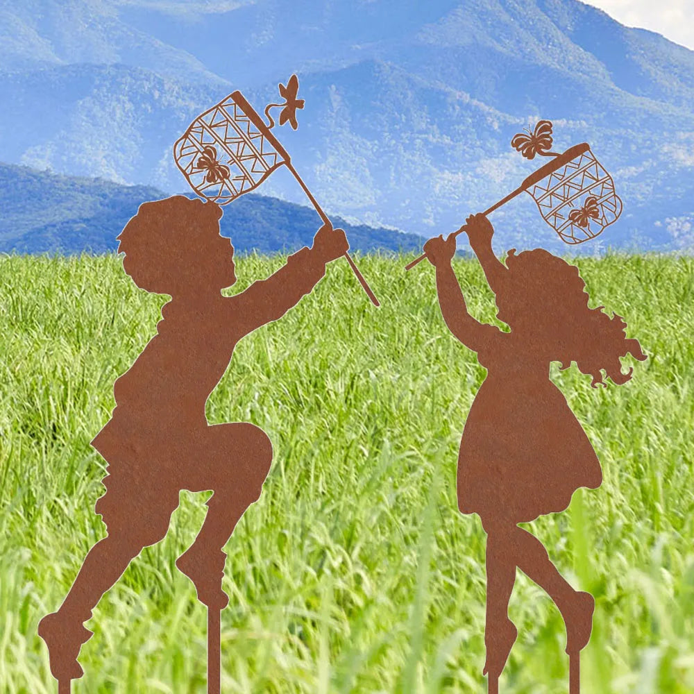 Charming Metal Silhouette Garden Decoration Ideal For Farmhouse Style Adding A Touch Of Whimsy With Boy And Girl Design
