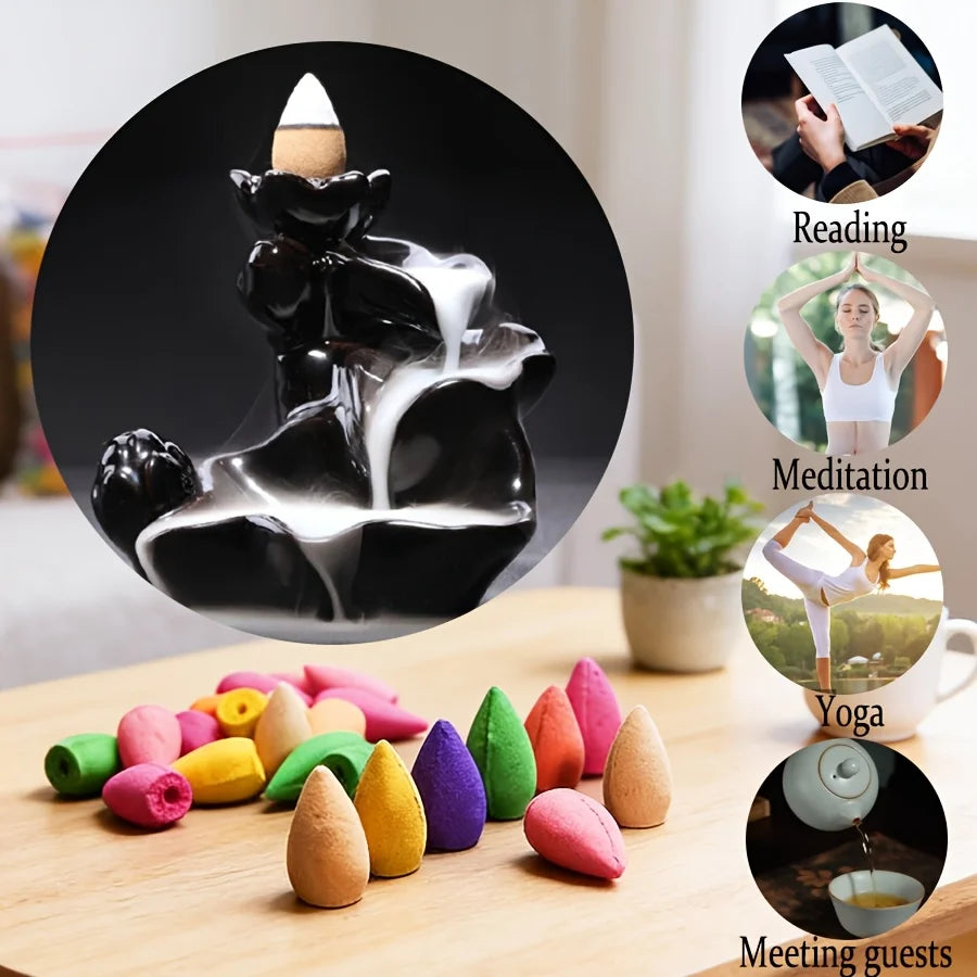 101 High-Quality Natural Backflow Incense Cones, with a Mix of 9 Fragrances Including Jasmine, Lemon, Lavender, Lemongrass, Tulip, Mint, Green Tea, Agarwood, Rose, Etc., with a Rich Aroma, Long-Lasting Burning, Creating an Ae