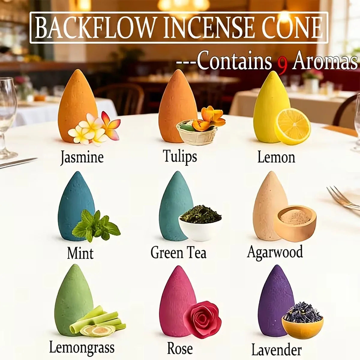 101 High-Quality Natural Backflow Incense Cones, with a Mix of 9 Fragrances Including Jasmine, Lemon, Lavender, Lemongrass, Tulip, Mint, Green Tea, Agarwood, Rose, Etc., with a Rich Aroma, Long-Lasting Burning, Creating an Ae