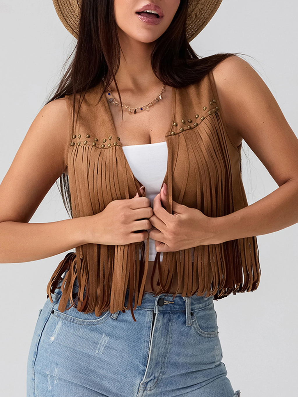 Women s Suede Tassel Vest 70s Hippie Outfit Sleeveless Open Front Vest Western Jacket
