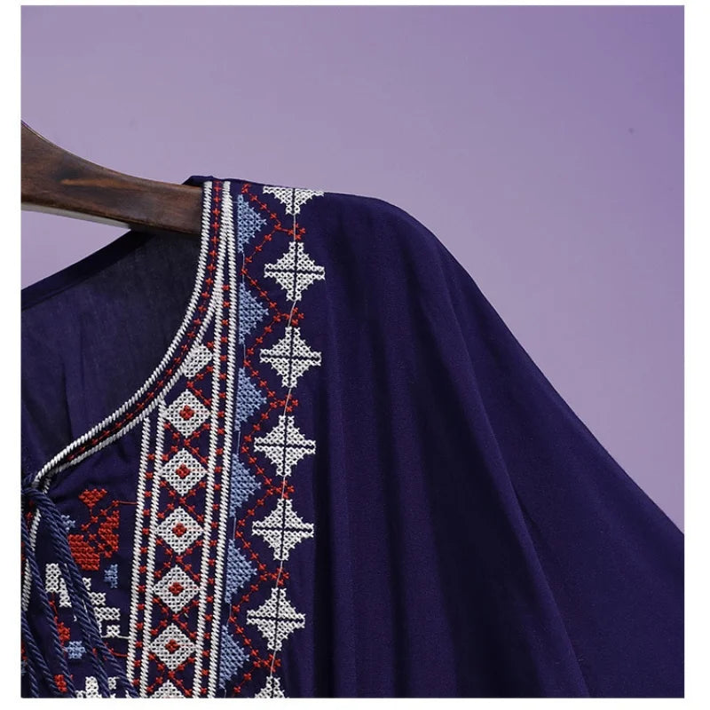 Women Summer Tees Retro Boho Style Embroidery Blouses Cloak Top Loose Cotton Lace Hem Bat sleeve Kimono Shirts Blusa Feminina