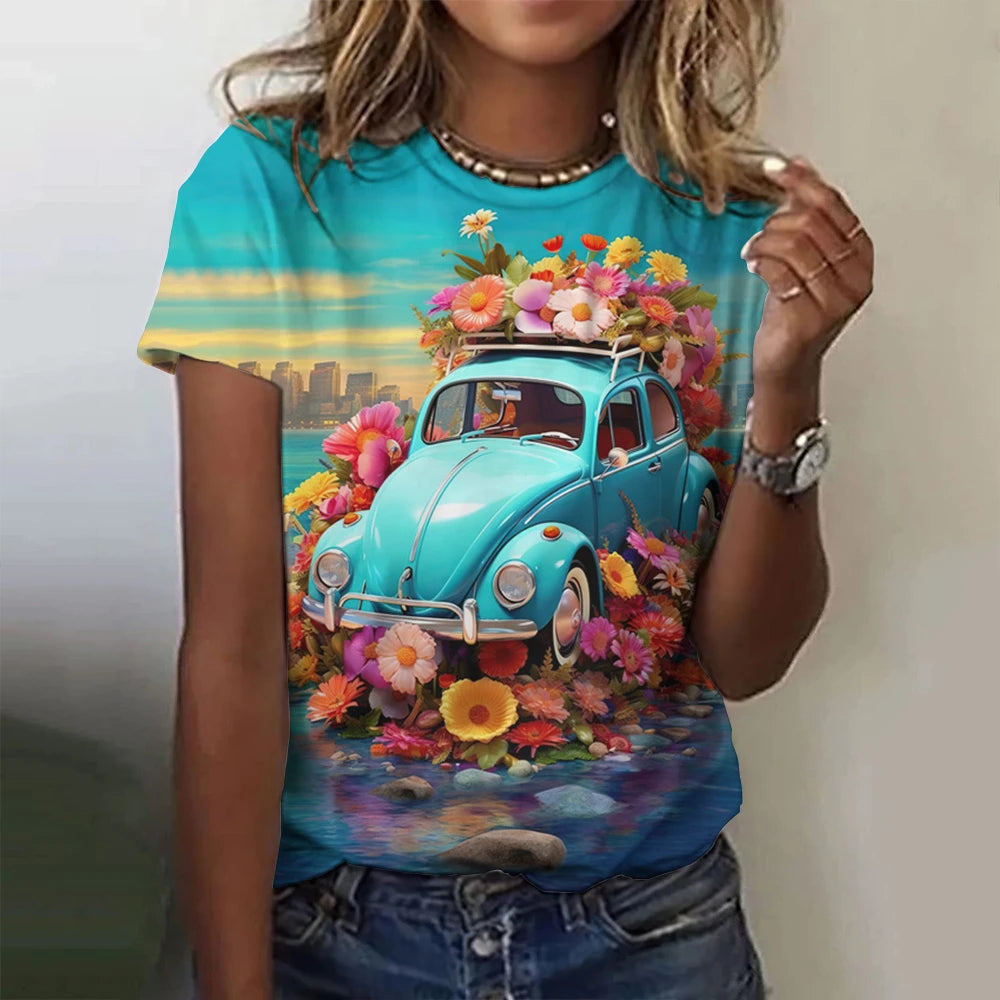 2025 New Women's T-shirt Cartoon Car Print Hippie Bus Tops Women's Trending Clothes Fashion Short Sleeve Shirt Funny Tee Tops