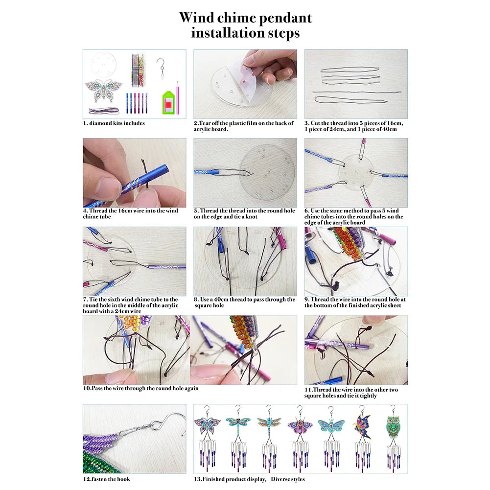 Acrylic Wind Chime Bell Pendant Diamond Painting Wind Chimes Special Shape DIY Rhinestones Wind Chime Kit for Home Garden Window