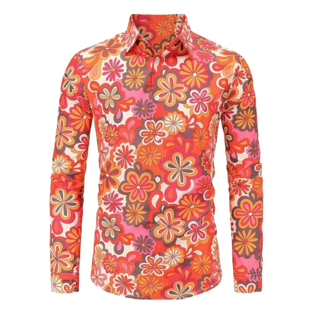 Men's Long Sleeves Shirts  Hippie 70s Disco Hip Hop Button Flower Retro Long Sleeve Shirt New Men'S Casual Blouse Unisex Tops