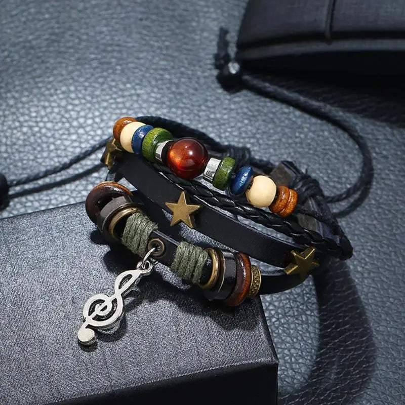 Handmade Boho Gypsy Hippie Design Brown Leather Star Musical Note Metal Charms Wood Button Beads Wrap Unisex Adjustable Bracelet