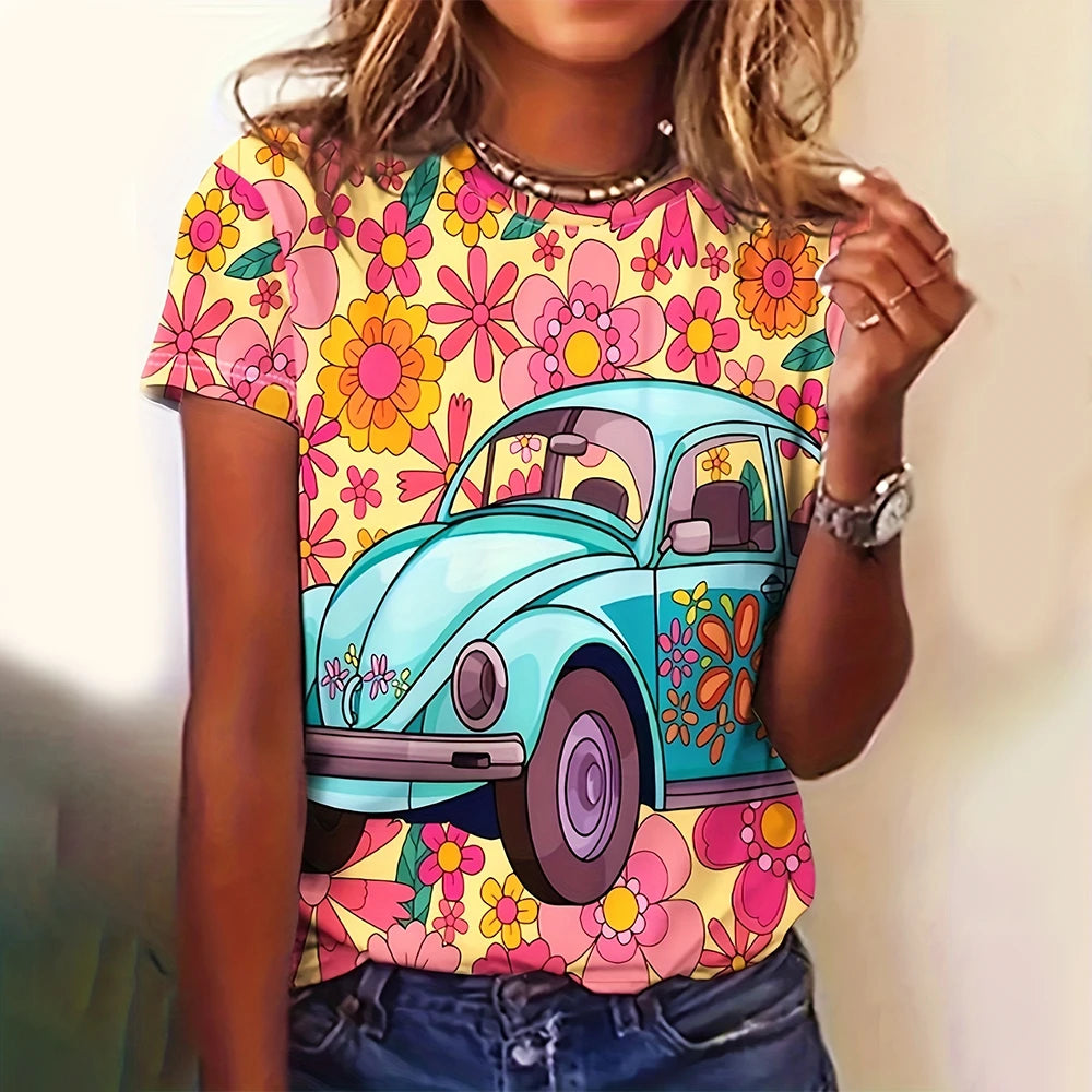 2025 New Women's T-shirt Cartoon Car Print Hippie Bus Tops Women's Trending Clothes Fashion Short Sleeve Shirt Funny Tee Tops