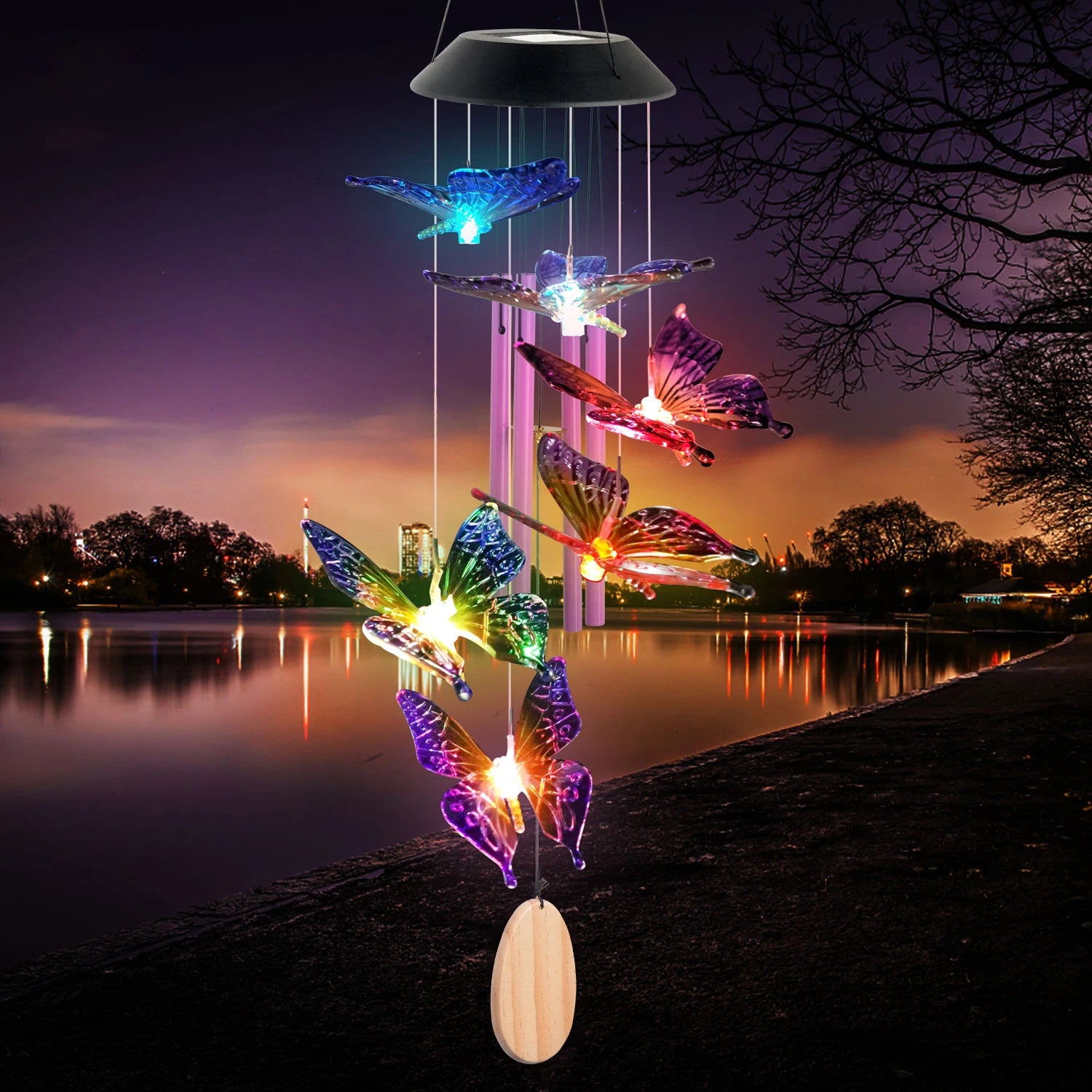 Solar Butterfly Wind Chimes, Christmas Gifts for Mom Grandma, Purple Glass with Lighted Pendant, Outdoor Garden Patio Decor for