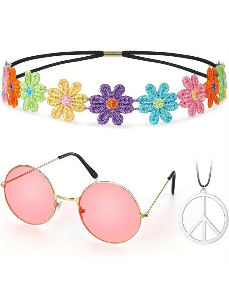 Hippie Costume Set 60's Style Circle Glasses Peace Sign Necklace Daisy Sunflower Headbands  Dressing Accessory Hippie Party