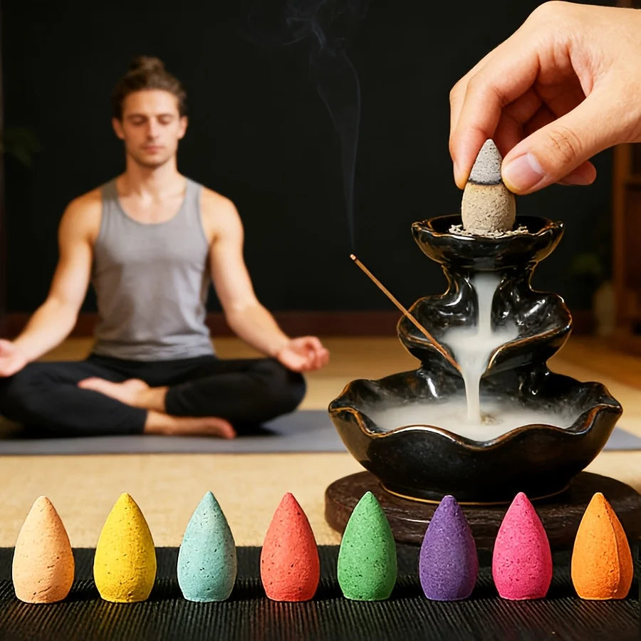 101 High-Quality Natural Backflow Incense Cones, with a Mix of 9 Fragrances Including Jasmine, Lemon, Lavender, Lemongrass, Tulip, Mint, Green Tea, Agarwood, Rose, Etc., with a Rich Aroma, Long-Lasting Burning, Creating an Ae