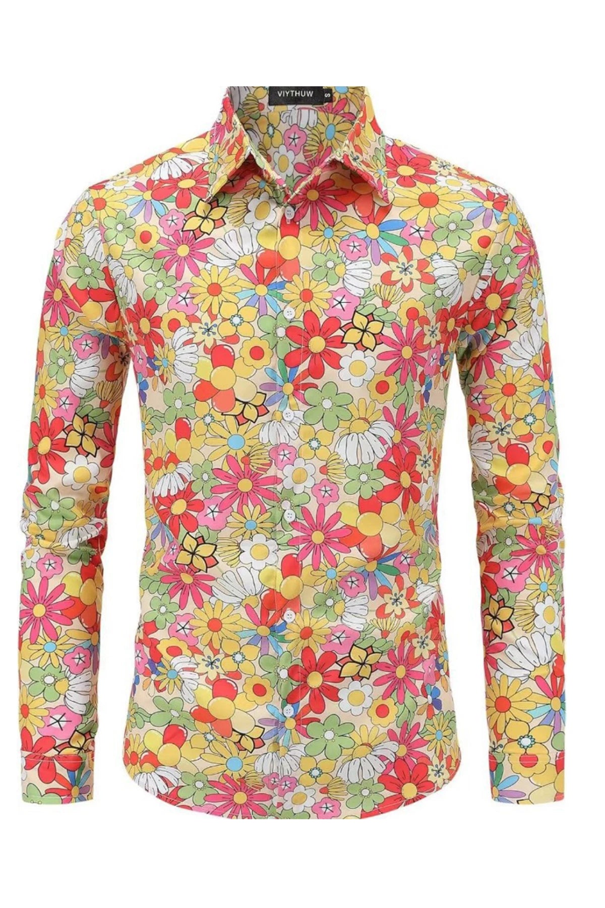 Halloween Hippie Men's Disco Hip-Hop Button Flower Retro Long Sleeve Shirt Print Flower Pullover Blouse Versatile Top