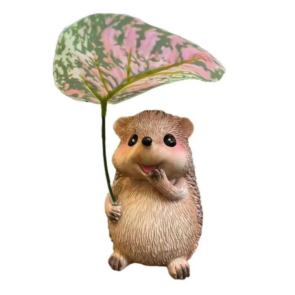 Cute Resin Leaf Umbrella Hedgehog Figurine Garden Hedgehog Statue Resin Animal  Sculpture Outdoor Garden Decor Ornament