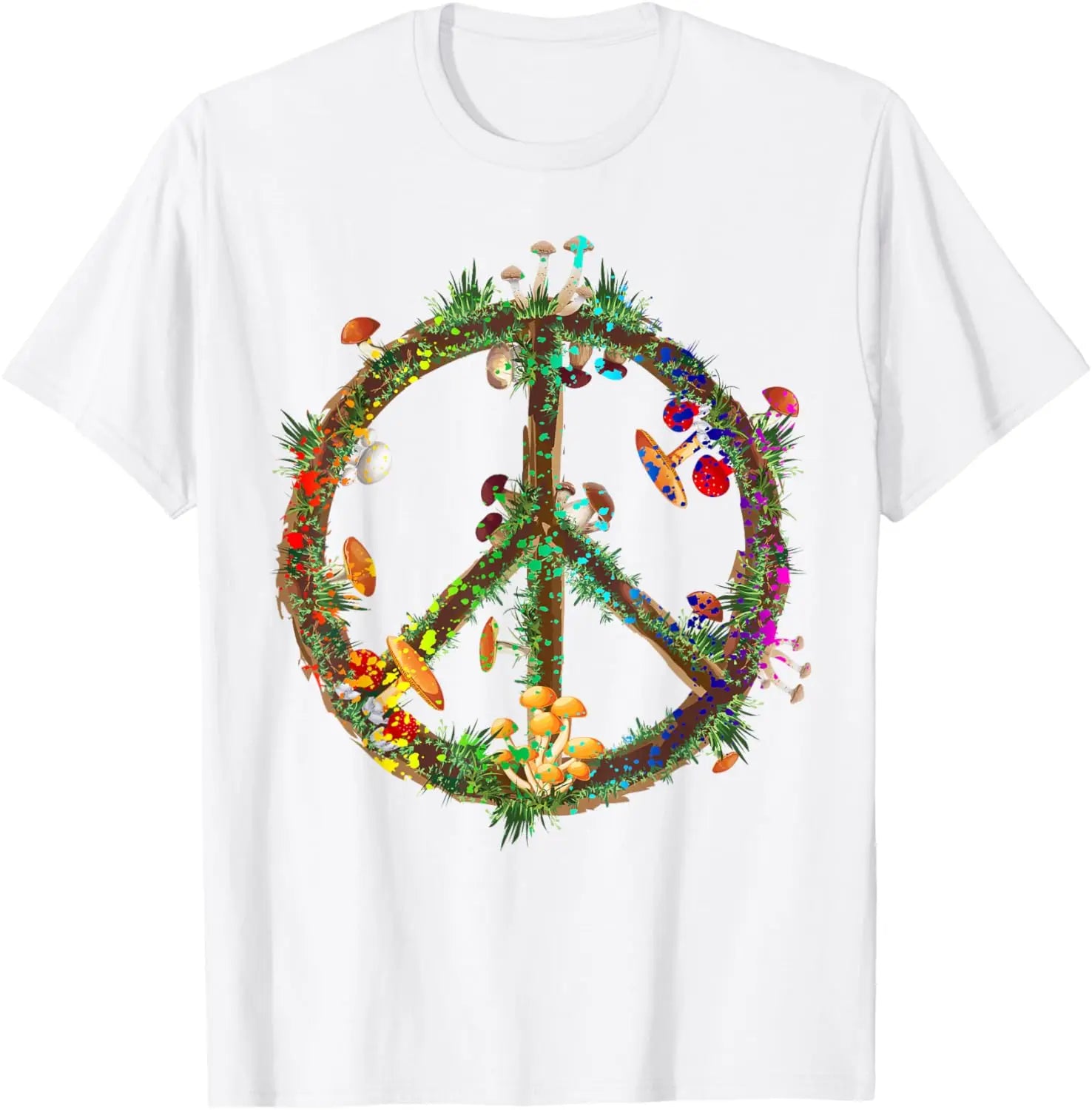 Psychedelic Mushroom Peace Sign Hippie Trippy Retro Graphic T-Shirt Unisex Casual Short Sleeve Tee