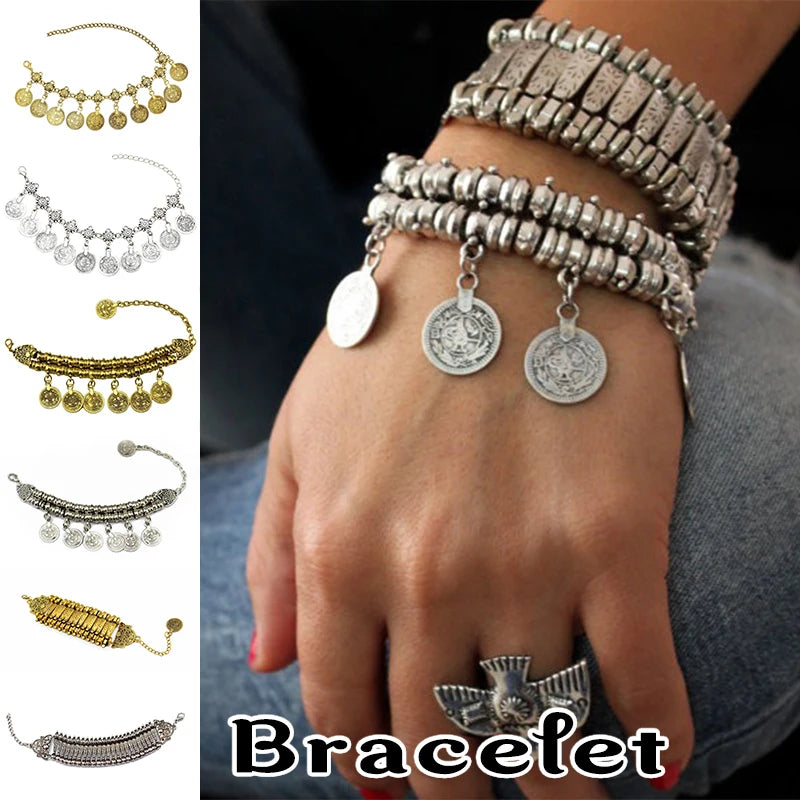 Vintage Silvery Golden Coins Bracelet for Women Men Boho Hippie Beach Party Turkish Marseille Ethnic Bracelets Metal Jewelry