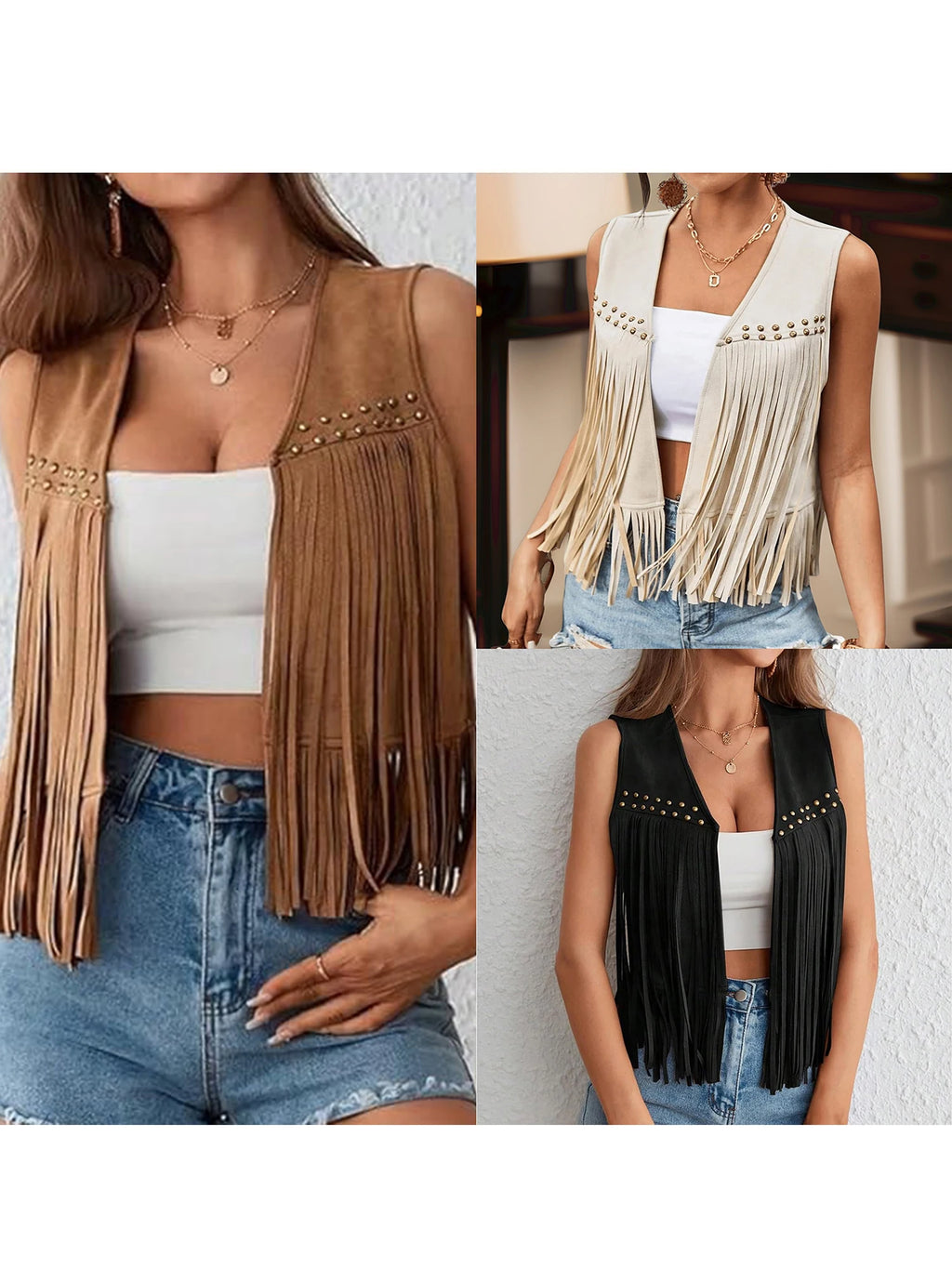 Women s Suede Tassel Vest 70s Hippie Outfit Sleeveless Open Front Vest Western Jacket
