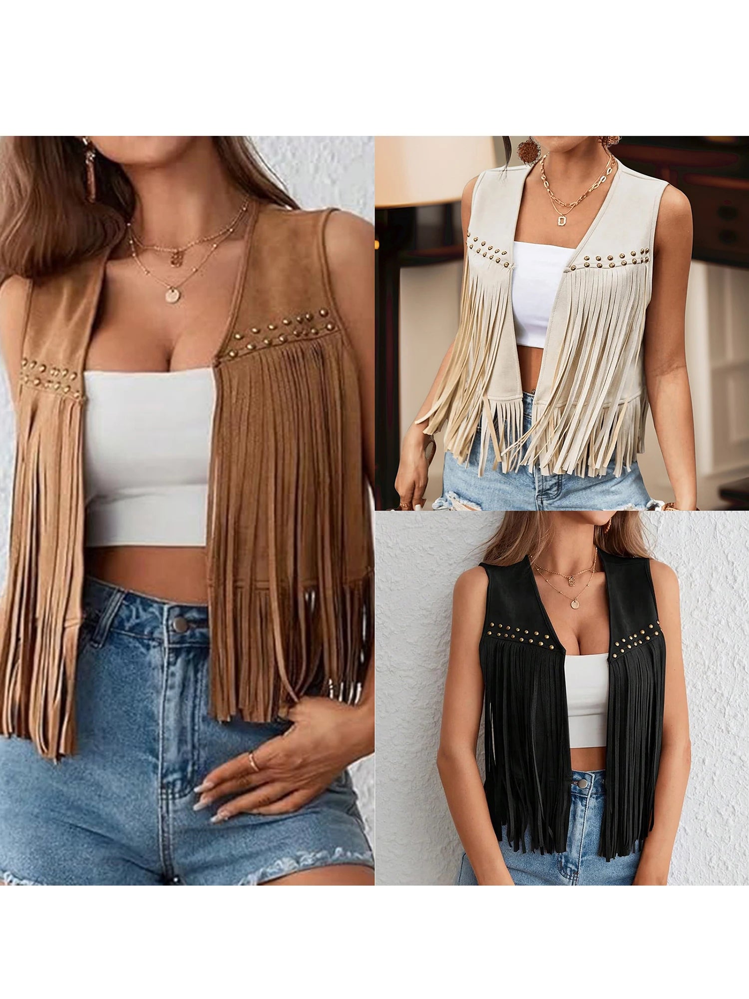 Women s Suede Tassel Vest 70s Hippie Outfit Sleeveless Open Front Vest Western Jacket
