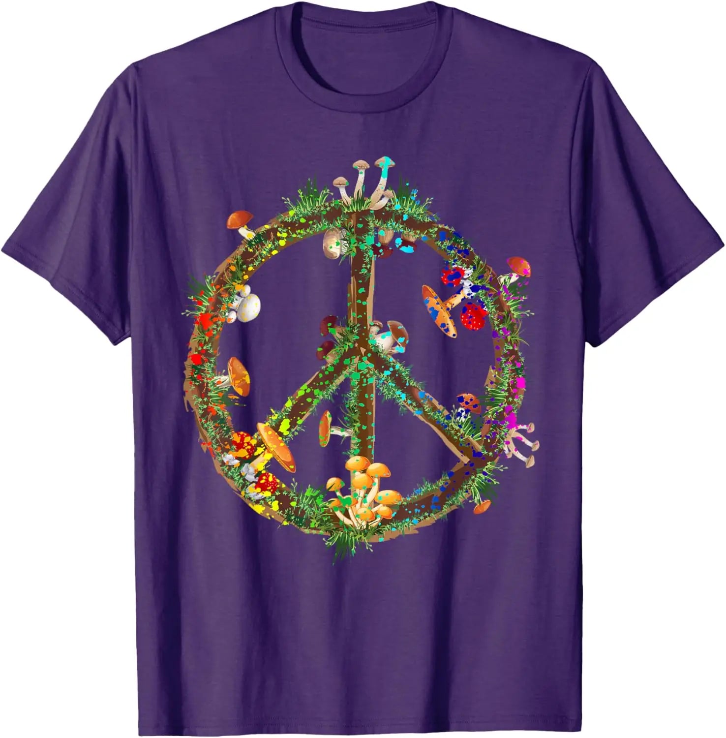 Psychedelic Mushroom Peace Sign Hippie Trippy Retro Graphic T-Shirt Unisex Casual Short Sleeve Tee