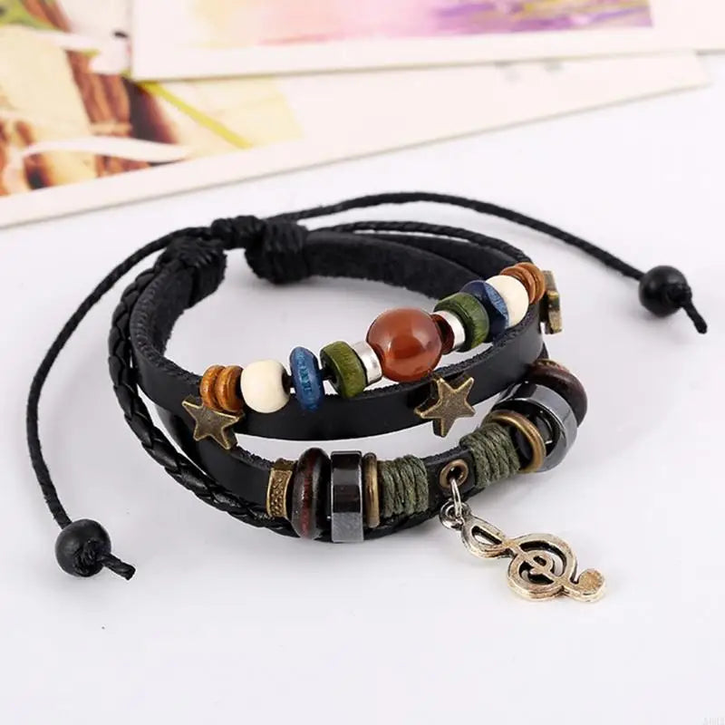 Handmade Boho Gypsy Hippie Design Brown Leather Star Musical Note Metal Charms Wood Button Beads Wrap Unisex Adjustable Bracelet