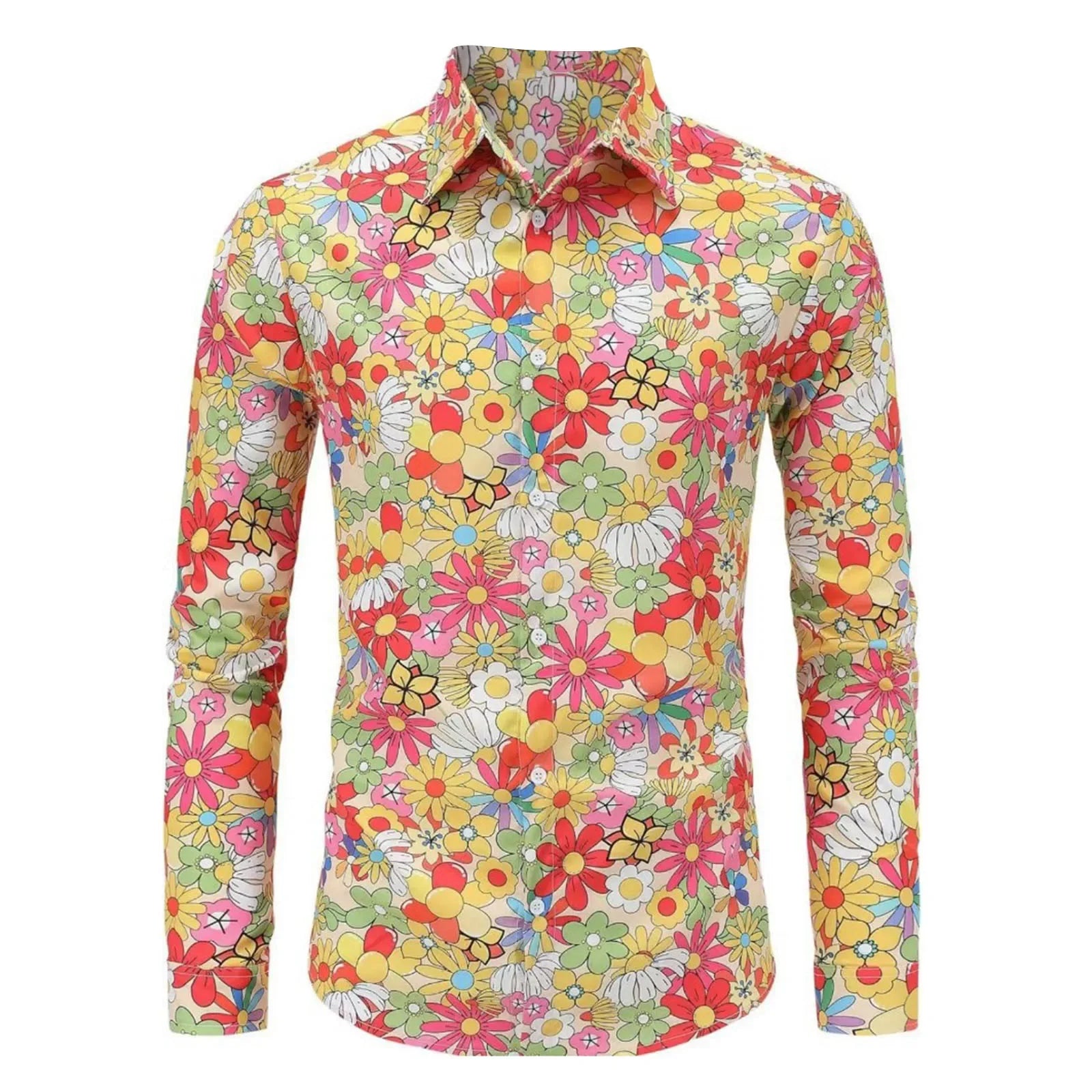 Men's Long Sleeves Shirts  Hippie 70s Disco Hip Hop Button Flower Retro Long Sleeve Shirt New Men'S Casual Blouse Unisex Tops