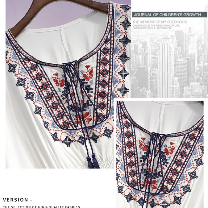 Women Summer Tees Retro Boho Style Embroidery Blouses Cloak Top Loose Cotton Lace Hem Bat sleeve Kimono Shirts Blusa Feminina