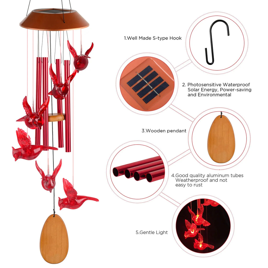 Solar Wind Chimes, Christmas Gifts for Mom & Grandma, Wooden Cardinal with Aluminum Tubes, Outdoor Garden Decor for Valentine‘s