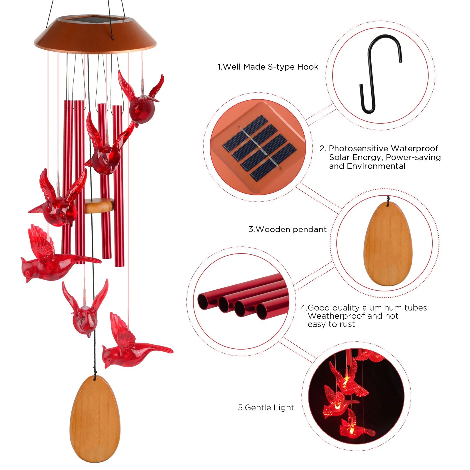 Solar Wind Chimes, Christmas Gifts for Mom & Grandma, Wooden Cardinal with Aluminum Tubes, Outdoor Garden Decor for Valentine‘s