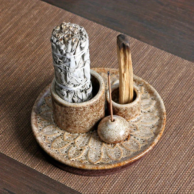 4-in-1 Ceramic Incense Burner for Aromatherapy Meditation Yoga and Home Decor Includes Sage Holder and Incense Holder for Sticks